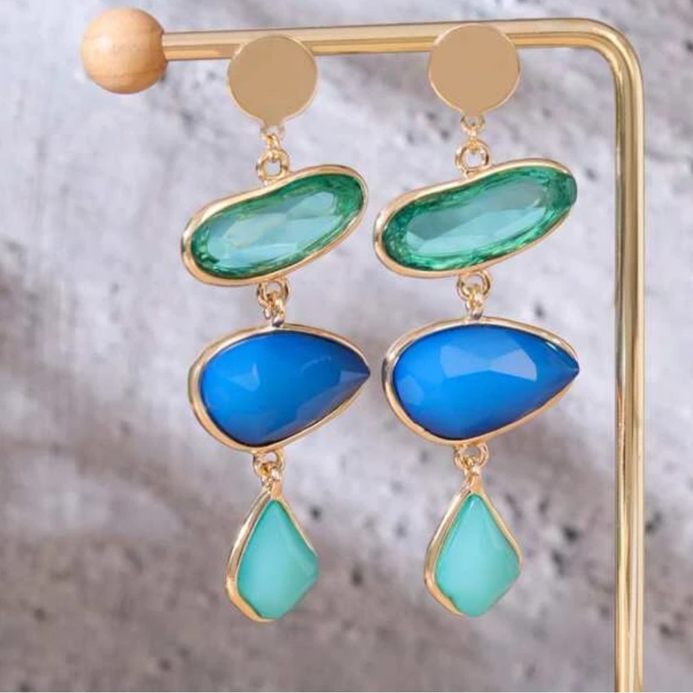 Blue Boho Elegant Geometric Drop Crystal Long Stud Earrings Seaglass colors